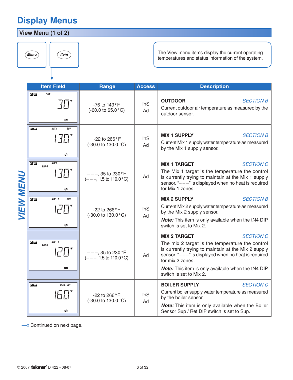 View menu display menus | tekmar 422 Universal Reset Module User Manual | Page 6 / 32