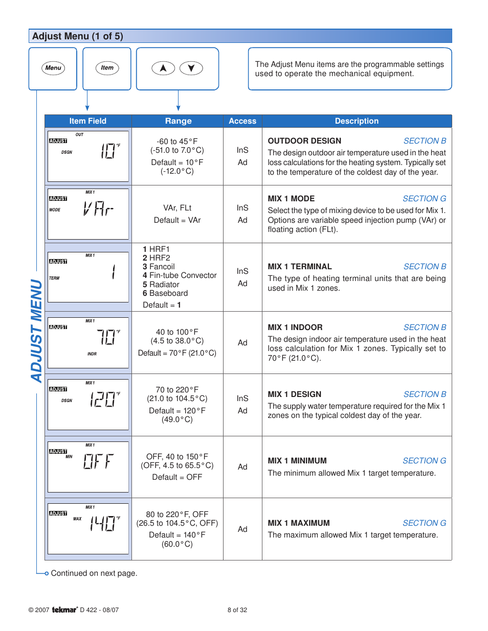 Adjus t menu | tekmar 422 Universal Reset Module User Manual | Page 8 / 32