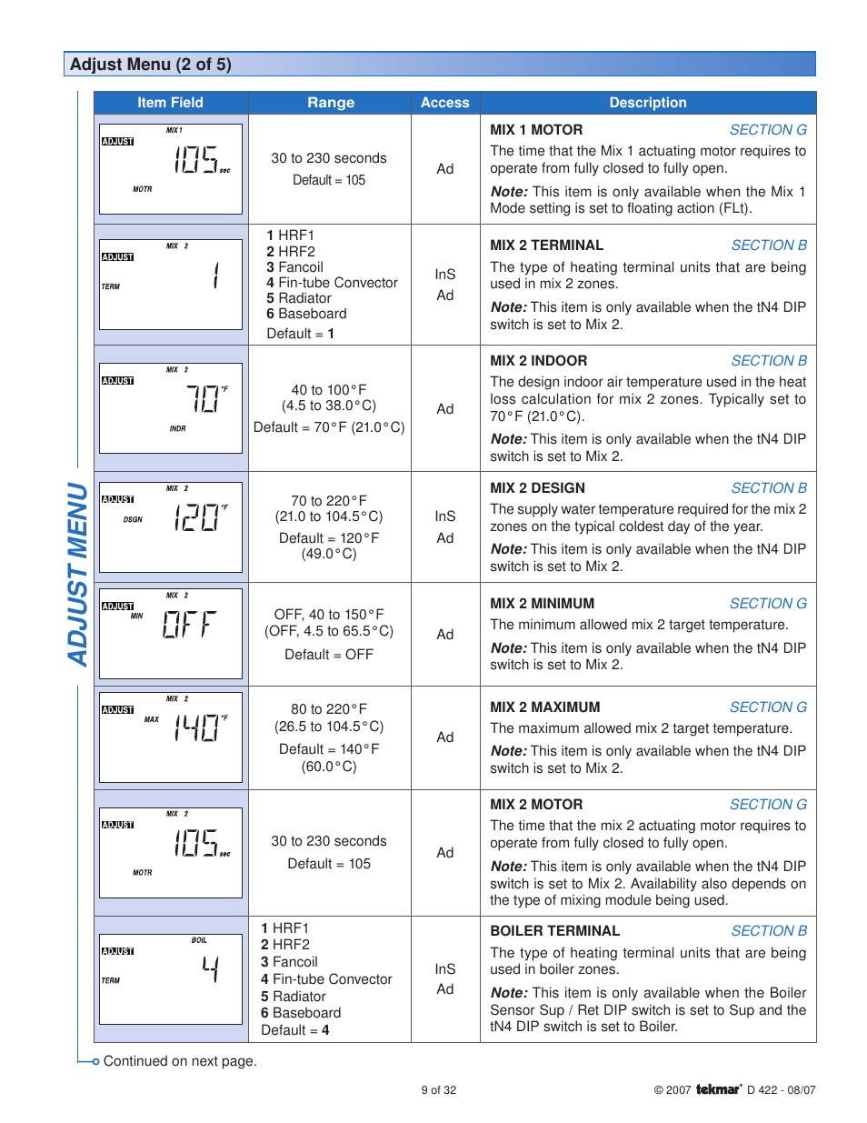 Adjus t menu | tekmar 422 Universal Reset Module User Manual | Page 9 / 32