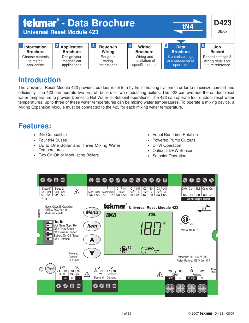 tekmar 423 Universal Reset Module User Manual | 36 pages