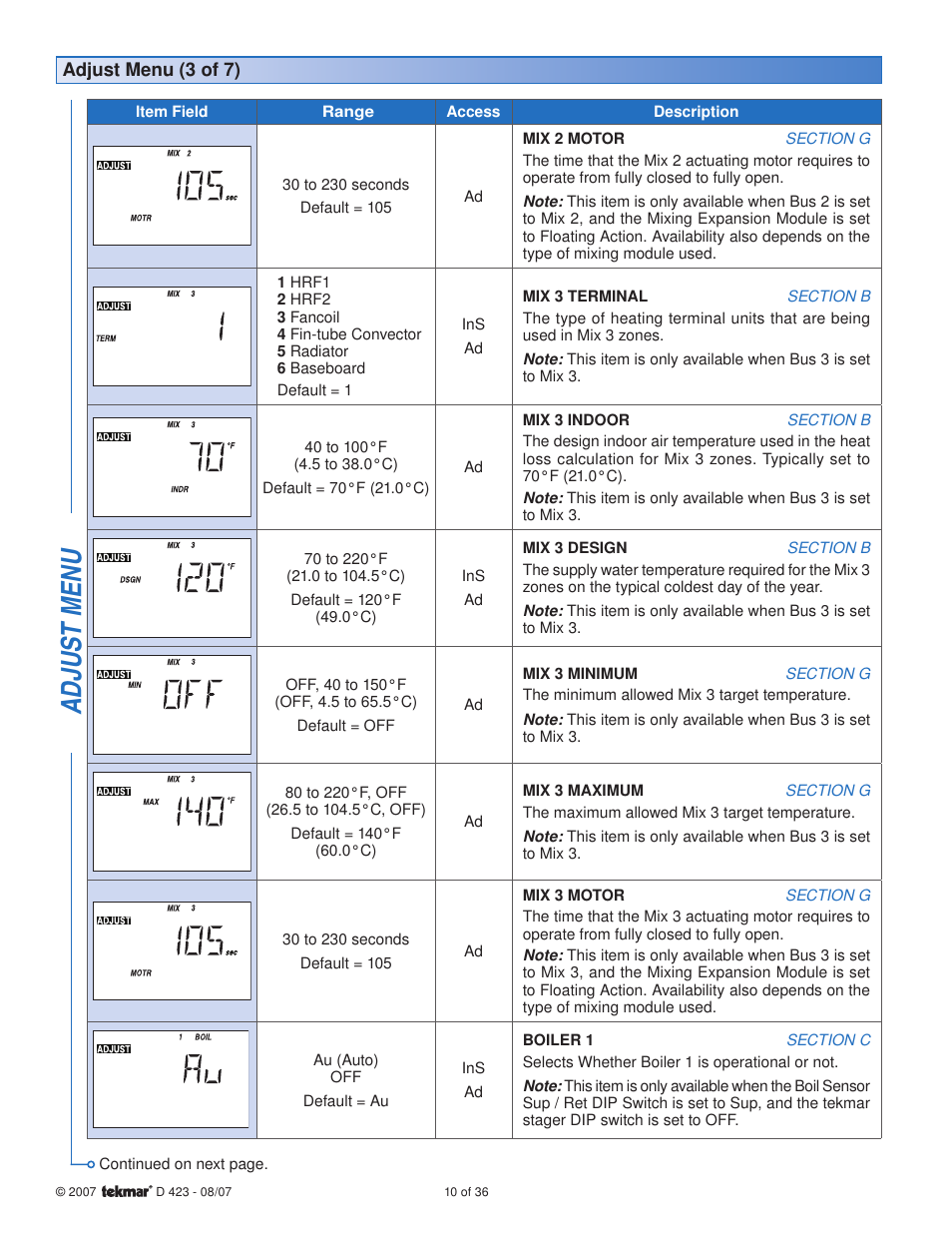 Adjus t menu | tekmar 423 Universal Reset Module User Manual | Page 10 / 36