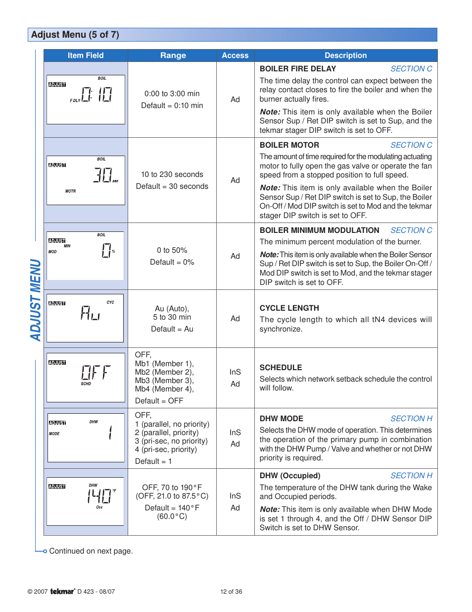 Adjus t menu | tekmar 423 Universal Reset Module User Manual | Page 12 / 36