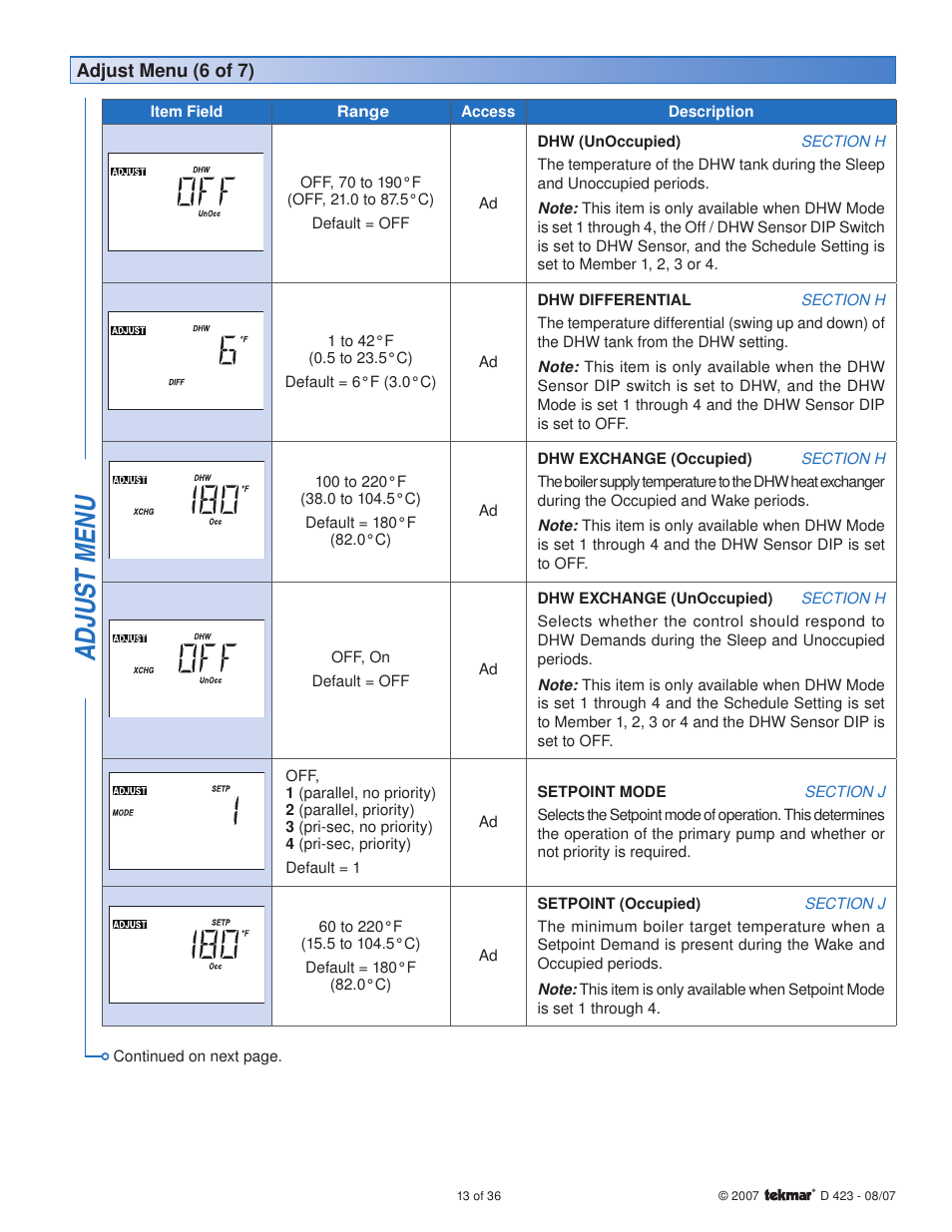 Adjus t menu | tekmar 423 Universal Reset Module User Manual | Page 13 / 36