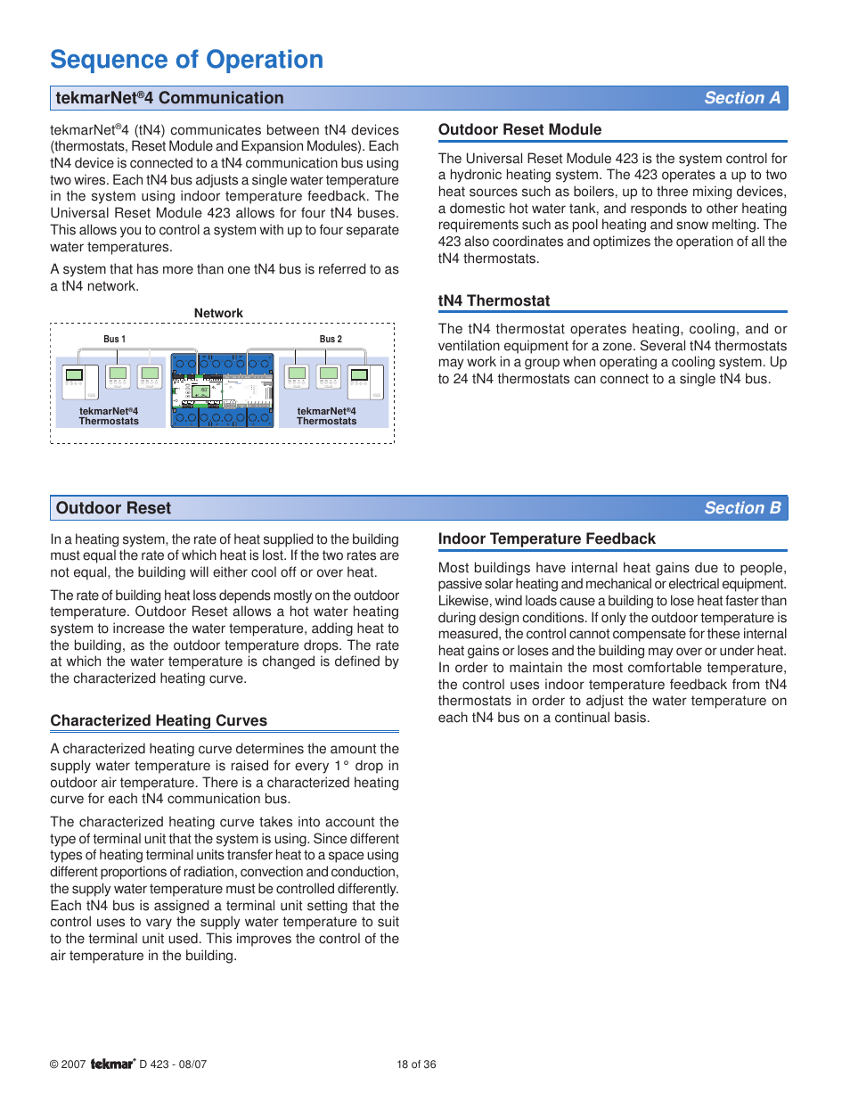 Sequence of operation, Tekmarnet | tekmar 423 Universal Reset Module User Manual | Page 18 / 36