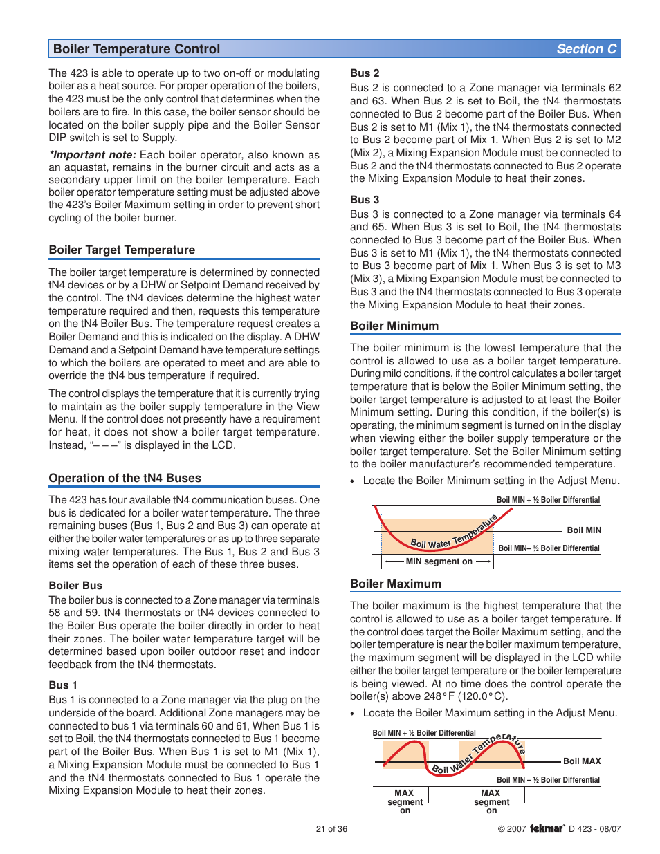 Boiler target temperature, Operation of the tn4 buses, Boiler minimum | Boiler maximum | tekmar 423 Universal Reset Module User Manual | Page 21 / 36