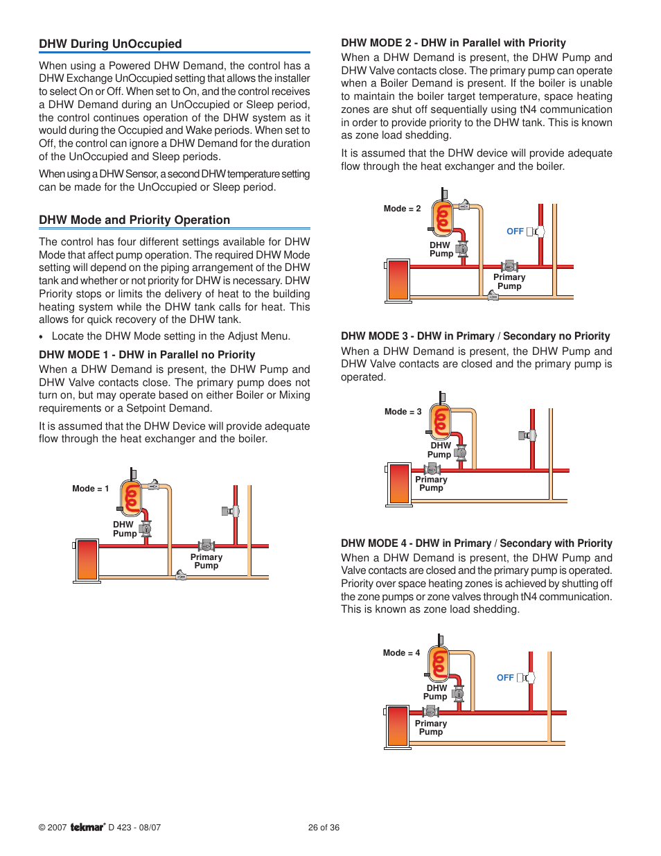 Dhw during unoccupied, Dhw mode and priority operation | tekmar 423 Universal Reset Module User Manual | Page 26 / 36