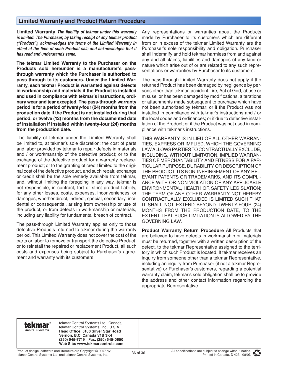 Limited warranty and product return procedure | tekmar 423 Universal Reset Module User Manual | Page 36 / 36
