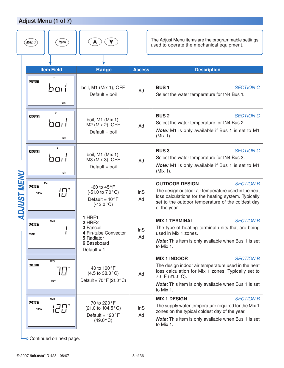 Adjus t menu | tekmar 423 Universal Reset Module User Manual | Page 8 / 36