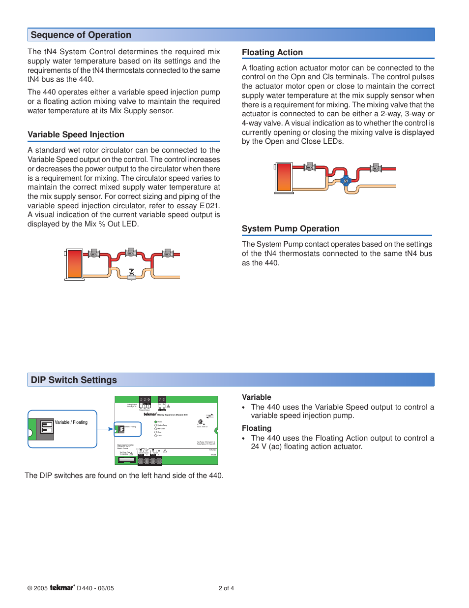 Dip switch settings sequence of operation, Variable speed injection, Floating action | System pump operation | tekmar 440 Mixing Expansion Module User Manual | Page 2 / 4