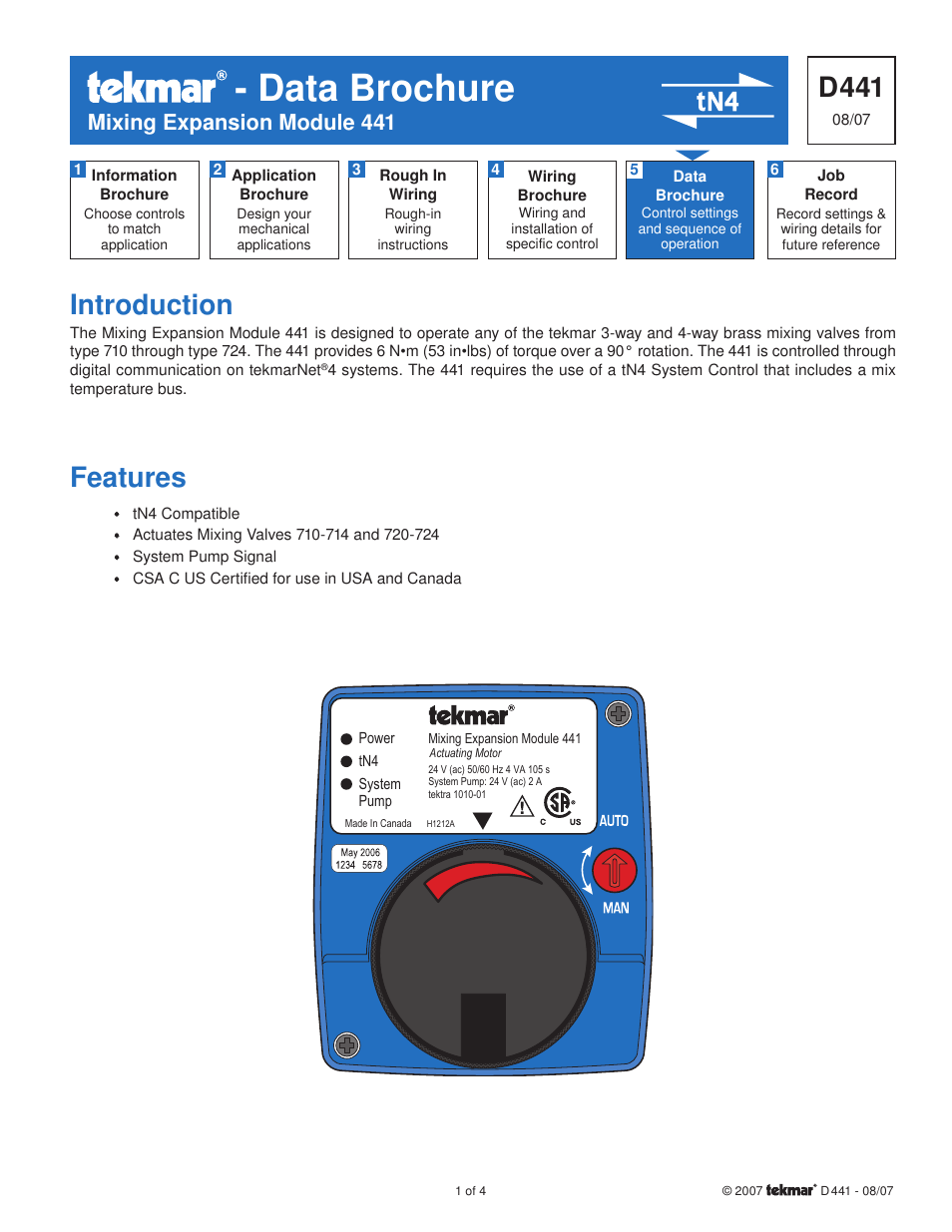 tekmar 441 Mixing Expansion Module User Manual | 4 pages