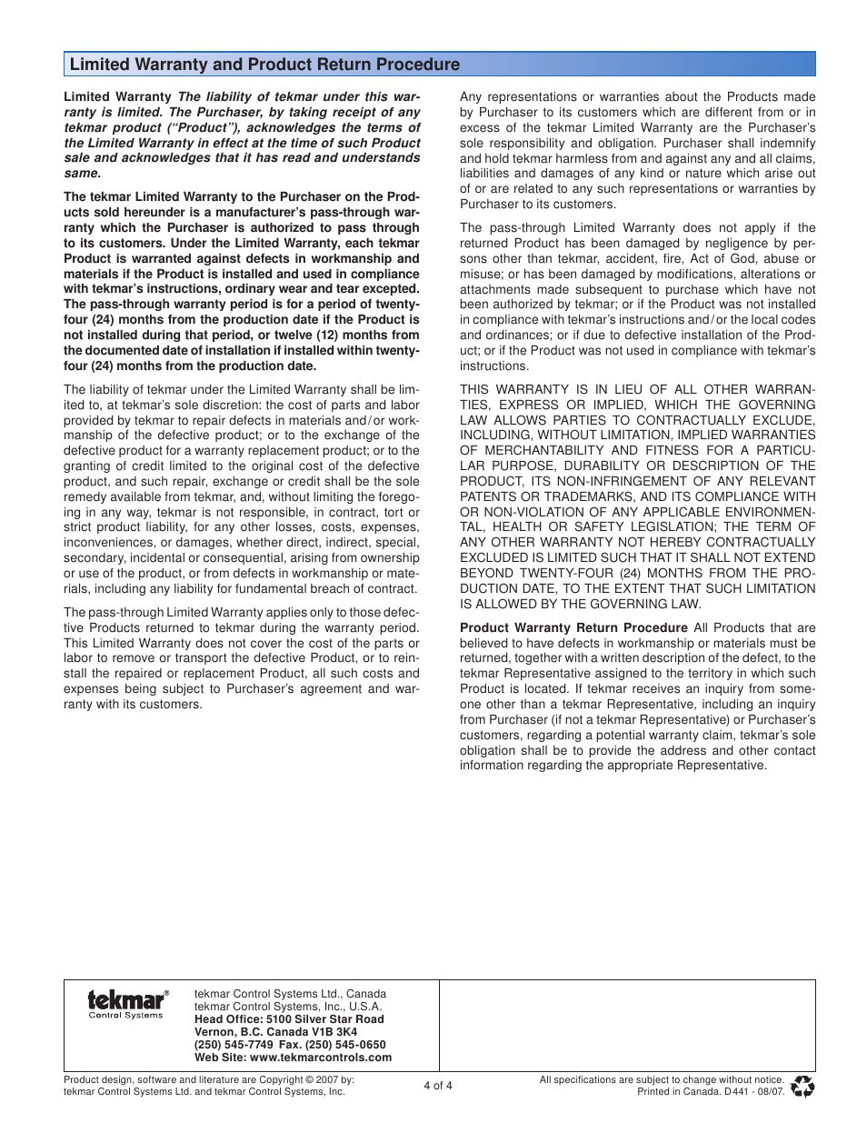 Limited warranty and product return procedure | tekmar 441 Mixing Expansion Module User Manual | Page 4 / 4