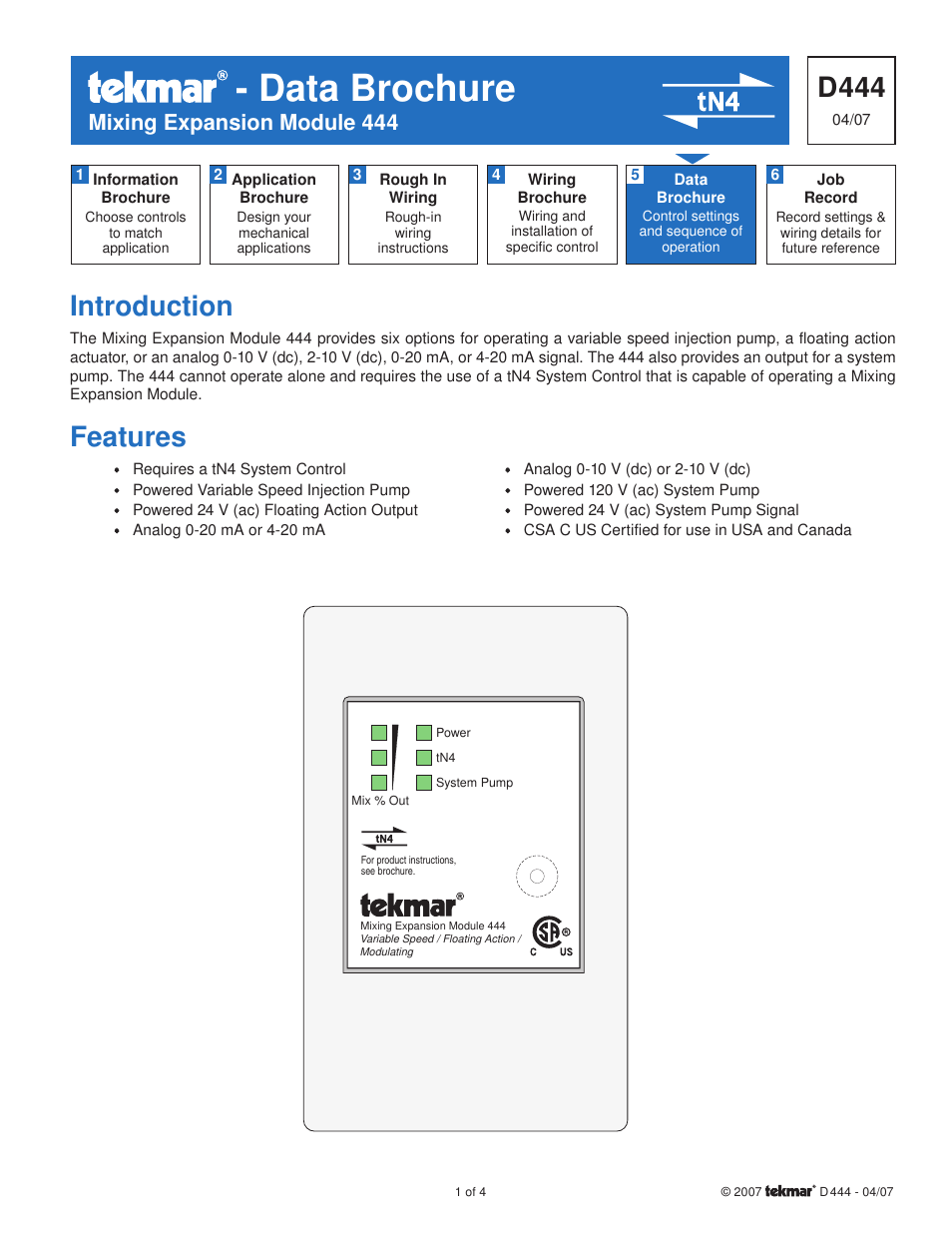 tekmar 444 Mixing Expansion Module User Manual | 4 pages