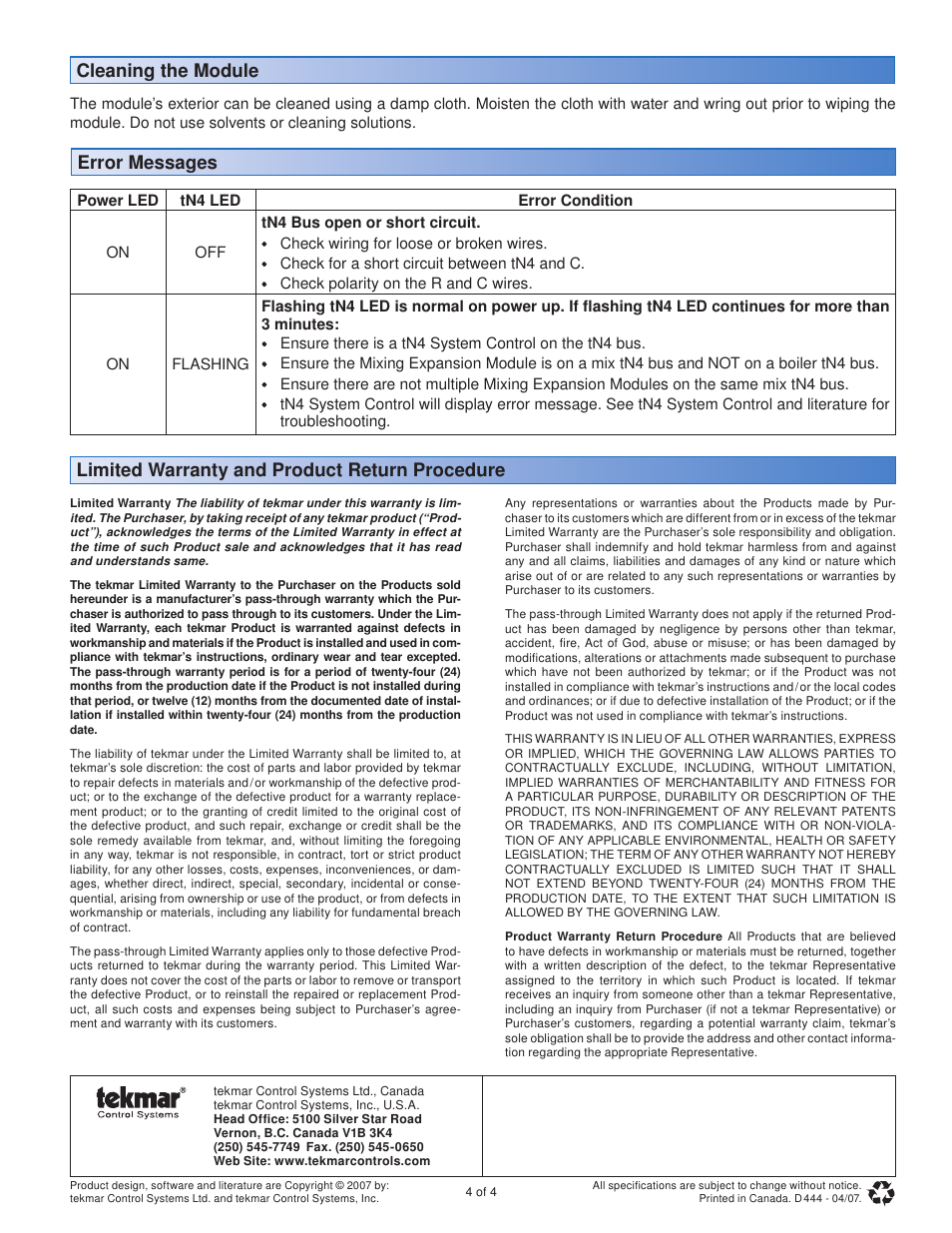 Cleaning the module | tekmar 444 Mixing Expansion Module User Manual | Page 4 / 4