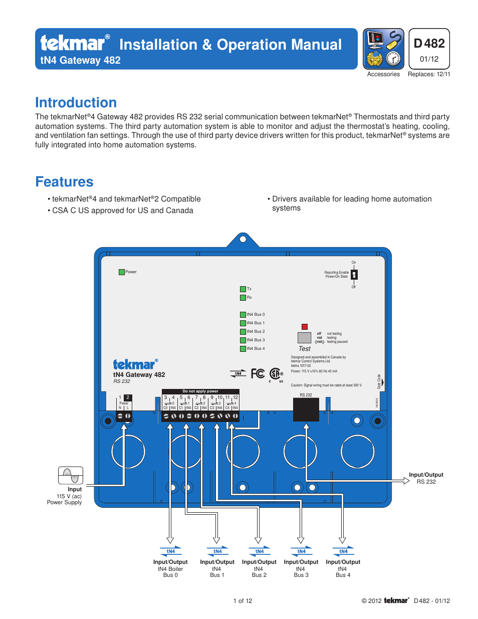 tekmar 482 tN4 Gateway User Manual | 12 pages