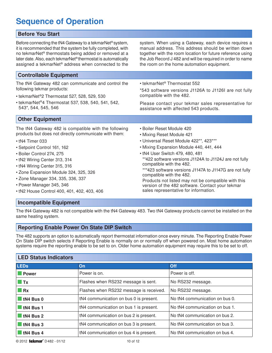 Sequence of operation | tekmar 482 tN4 Gateway User Manual | Page 10 / 12