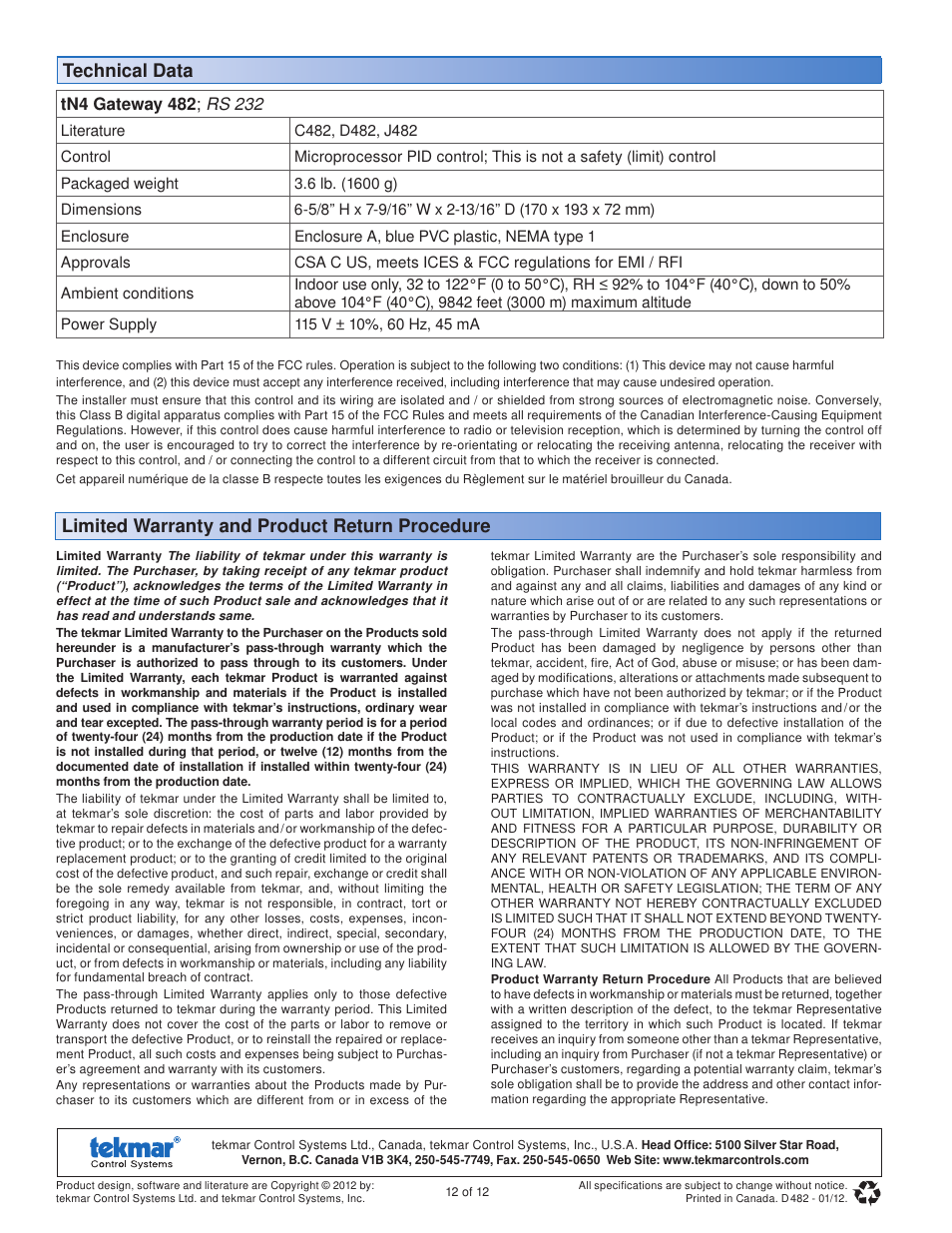 Technical data, Limited warranty and product return procedure | tekmar 482 tN4 Gateway User Manual | Page 12 / 12