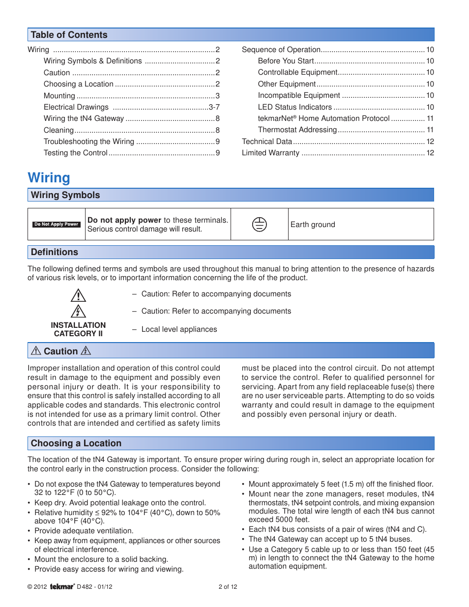 Wiring | tekmar 482 tN4 Gateway User Manual | Page 2 / 12