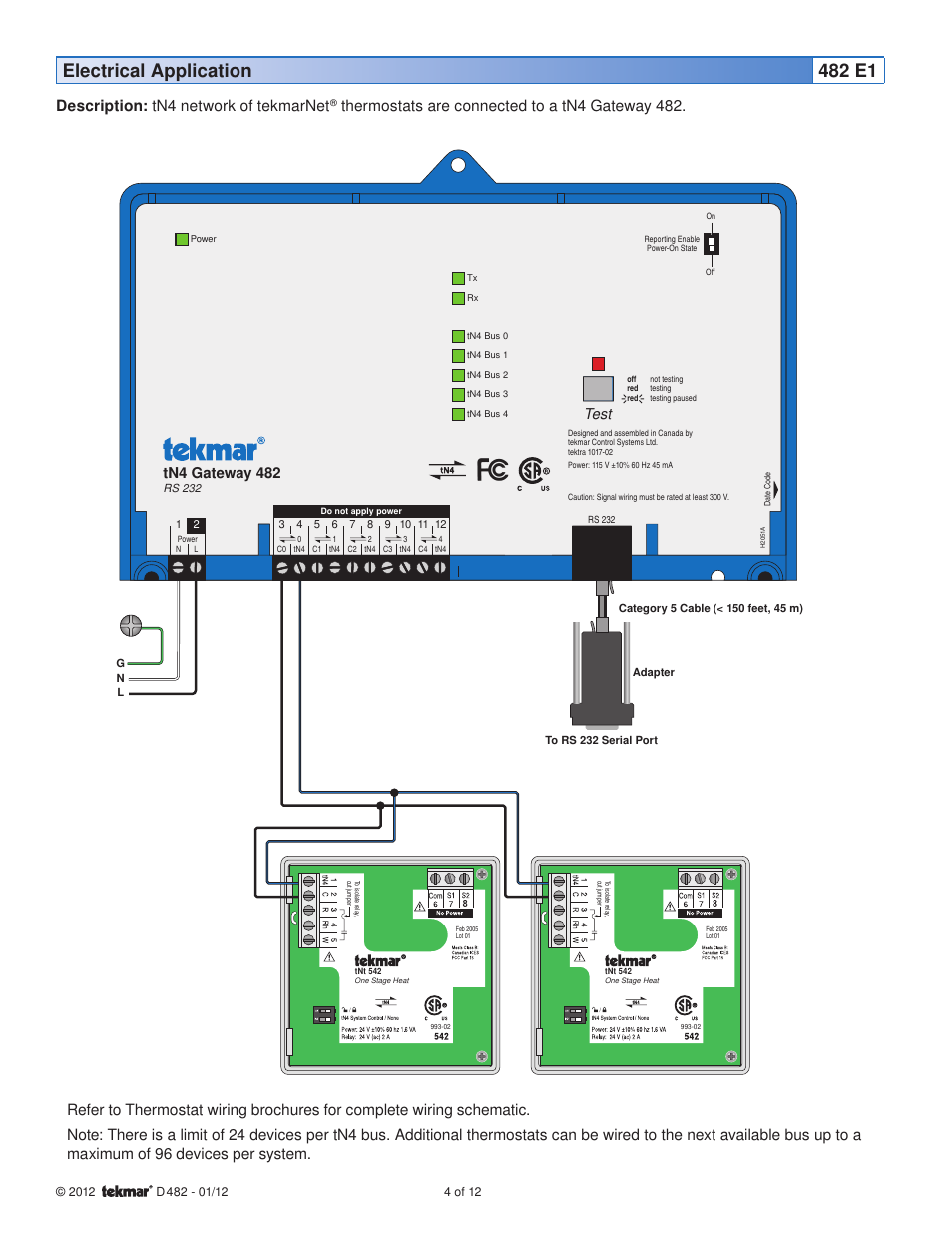 Electrical application 482 e1, Description: tn4 network of tekmarnet, Tn4 gateway 482 | Test | tekmar 482 tN4 Gateway User Manual | Page 4 / 12