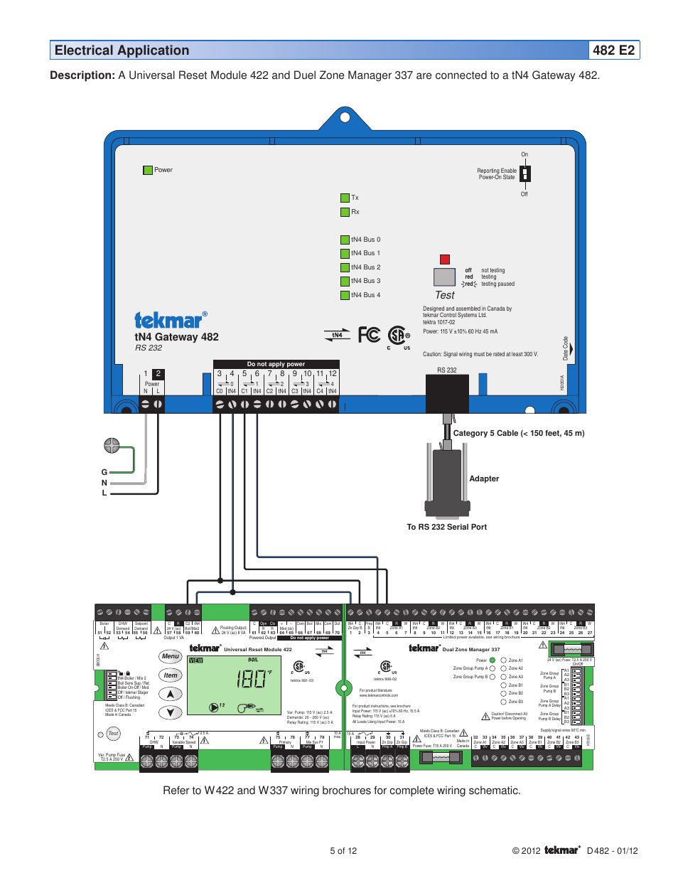 Electrical application 482 e2, Tn4 gateway 482, Test | Rs 232 | tekmar 482 tN4 Gateway User Manual | Page 5 / 12