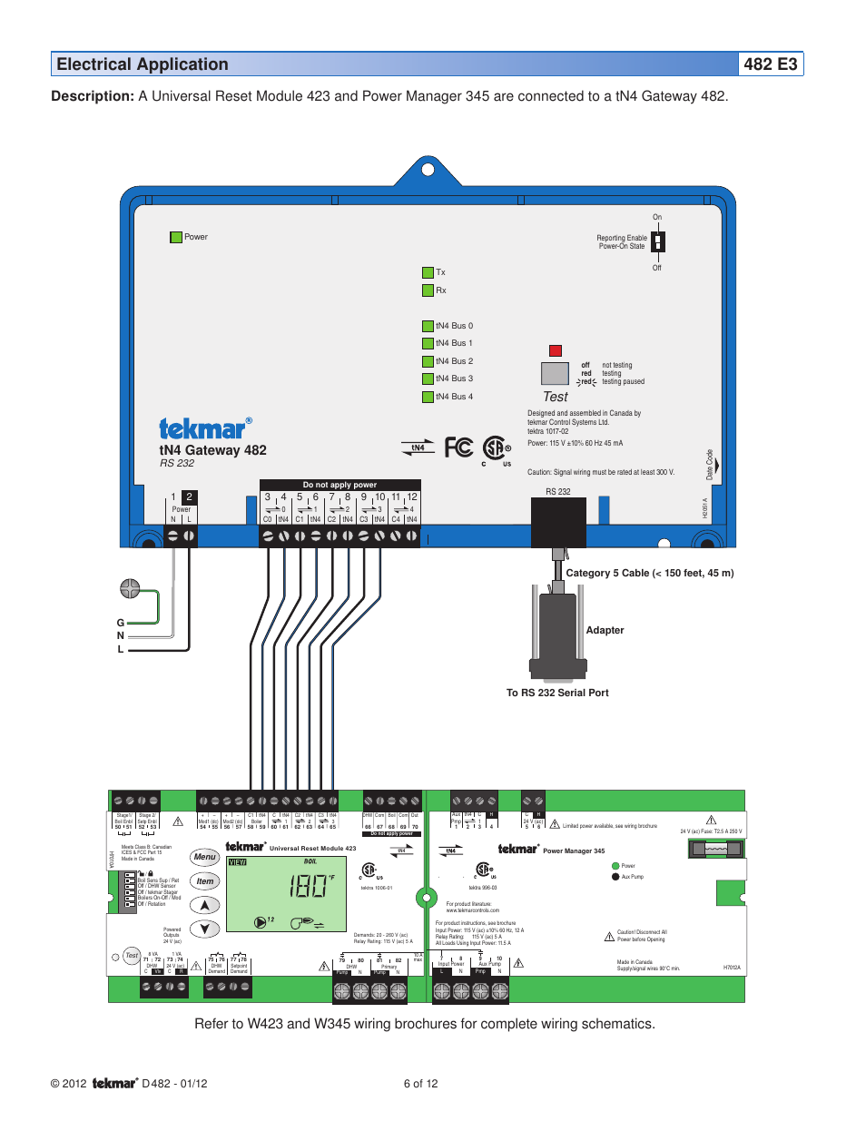 Electrical application 482 e3, Tn4 gateway 482, Test | 2012 d, Rs 232 | tekmar 482 tN4 Gateway User Manual | Page 6 / 12