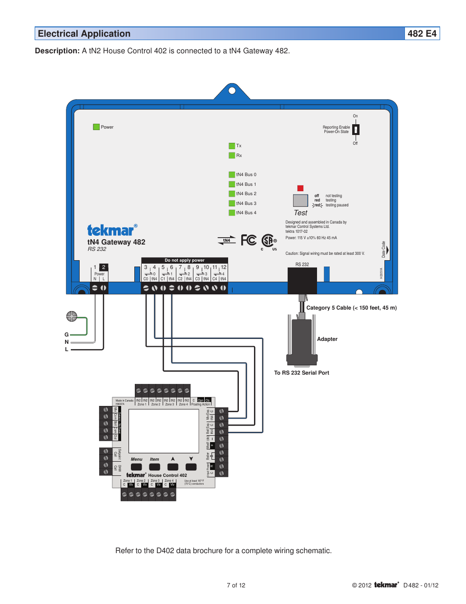 Electrical application 482 e4, Tn4 gateway 482, Test | tekmar 482 tN4 Gateway User Manual | Page 7 / 12