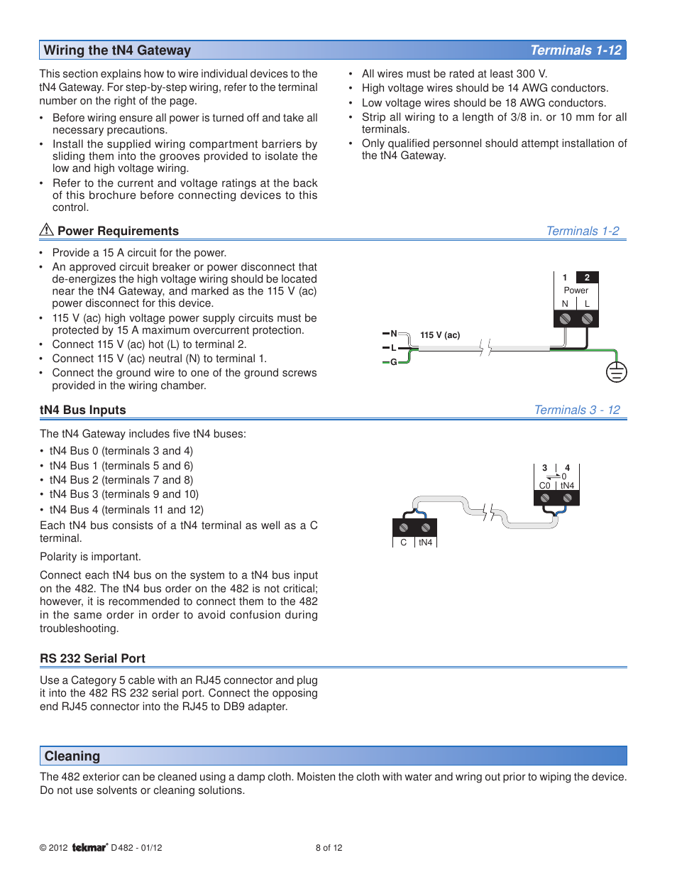 Wiring the tn4 gateway terminals 1-12, Cleaning | tekmar 482 tN4 Gateway User Manual | Page 8 / 12