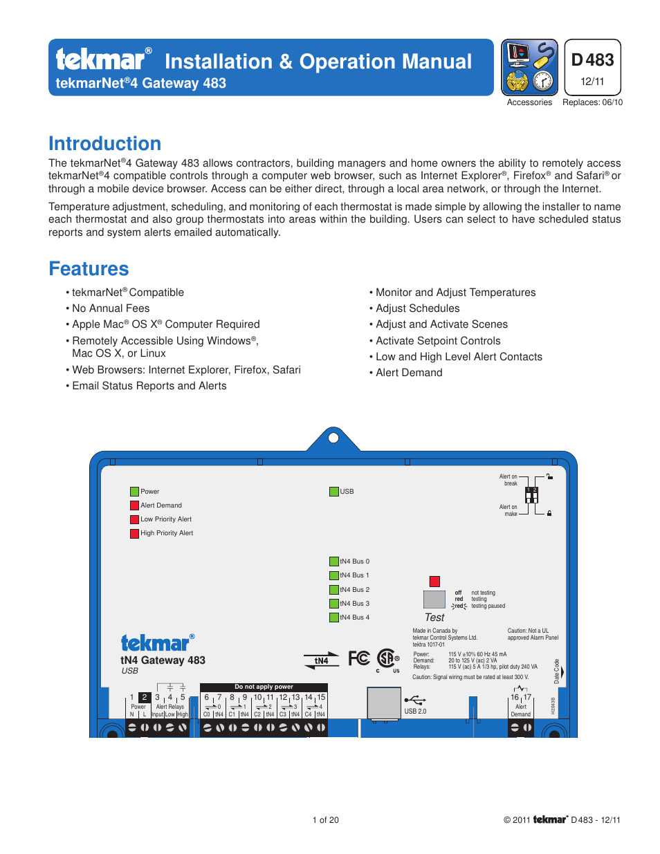 tekmar 483 tN4 Gateway User Manual | 20 pages