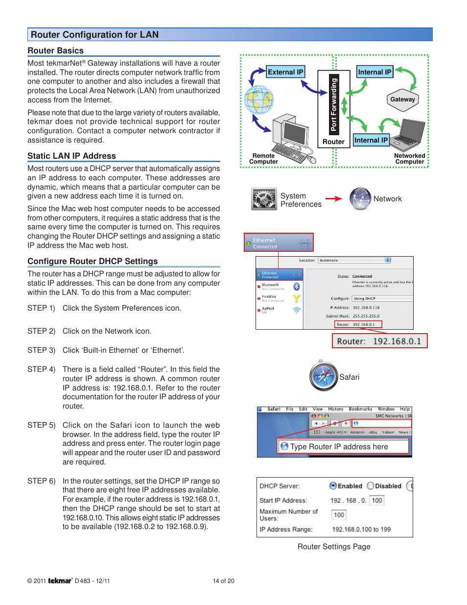 Router conﬁ guration for lan | tekmar 483 tN4 Gateway User Manual | Page 14 / 20