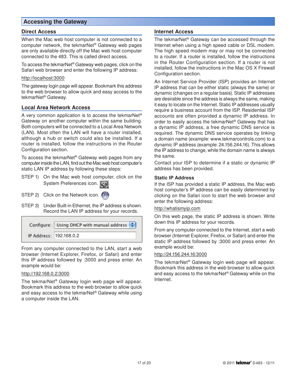 Accessing the gateway | tekmar 483 tN4 Gateway User Manual | Page 17 / 20