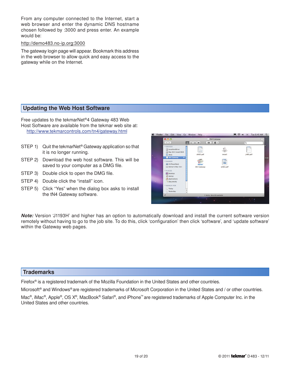 Updating the web host software, Trademarks | tekmar 483 tN4 Gateway User Manual | Page 19 / 20