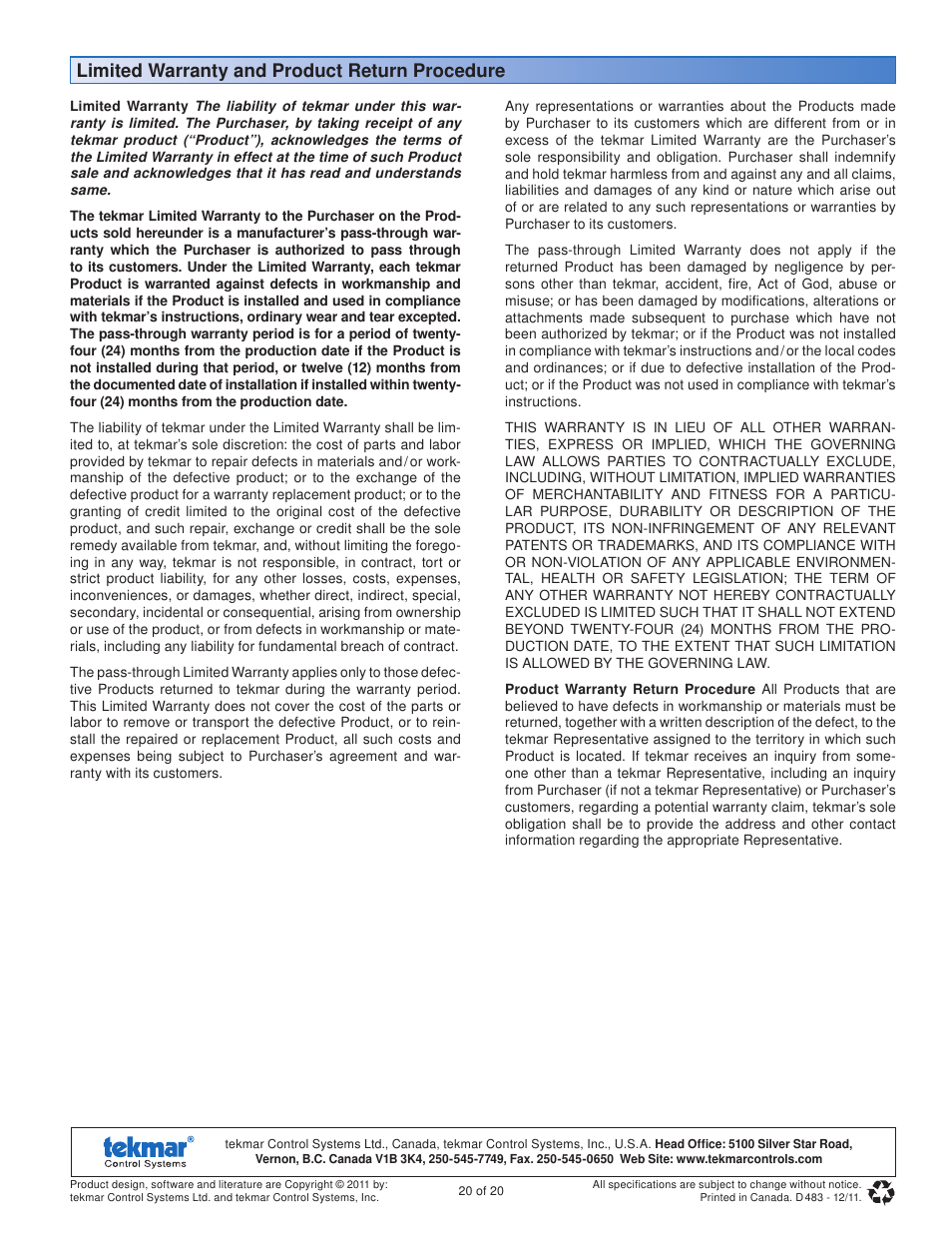 Limited warranty and product return procedure | tekmar 483 tN4 Gateway User Manual | Page 20 / 20