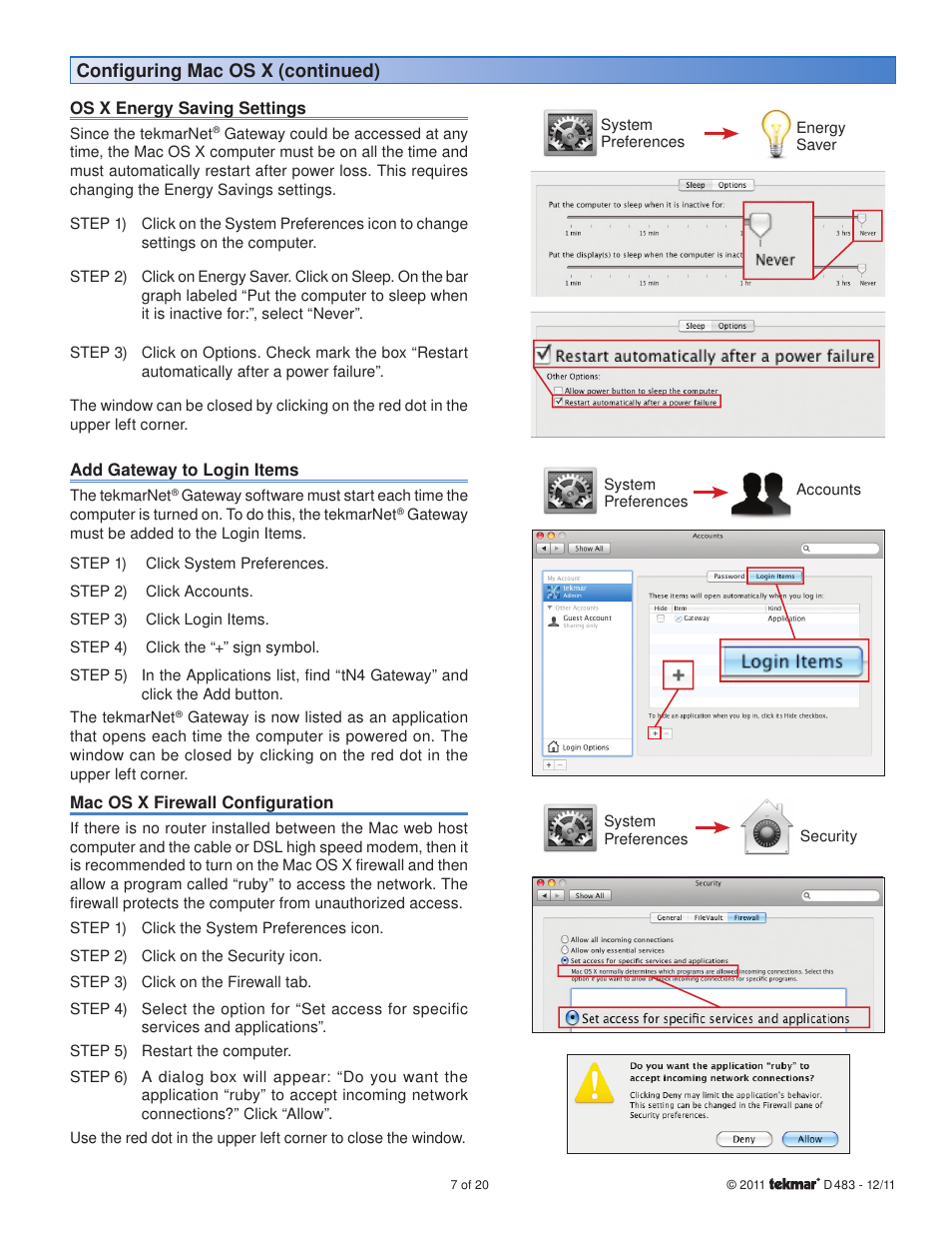 Conﬁ guring mac os x (continued) | tekmar 483 tN4 Gateway User Manual | Page 7 / 20