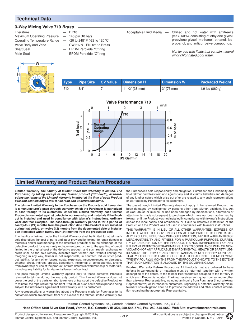 Limited warranty and product return procedure, Technical data | tekmar 710 3-Way Mixing Valve User Manual | Page 2 / 2