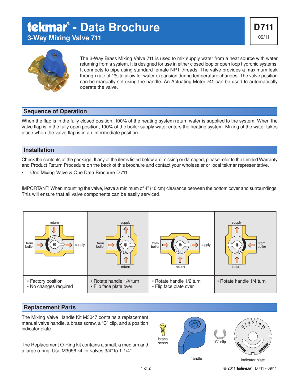 tekmar 711 3-Way Mixing Valve User Manual | 2 pages