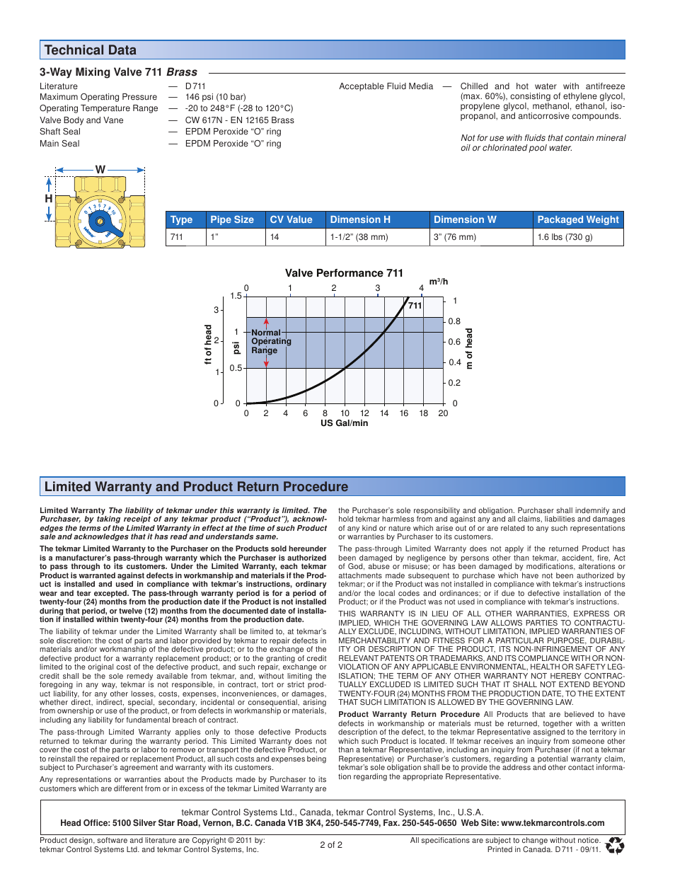 Limited warranty and product return procedure, Technical data | tekmar 711 3-Way Mixing Valve User Manual | Page 2 / 2