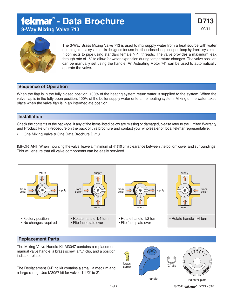 tekmar 713 3-Way Mixing Valve User Manual | 2 pages