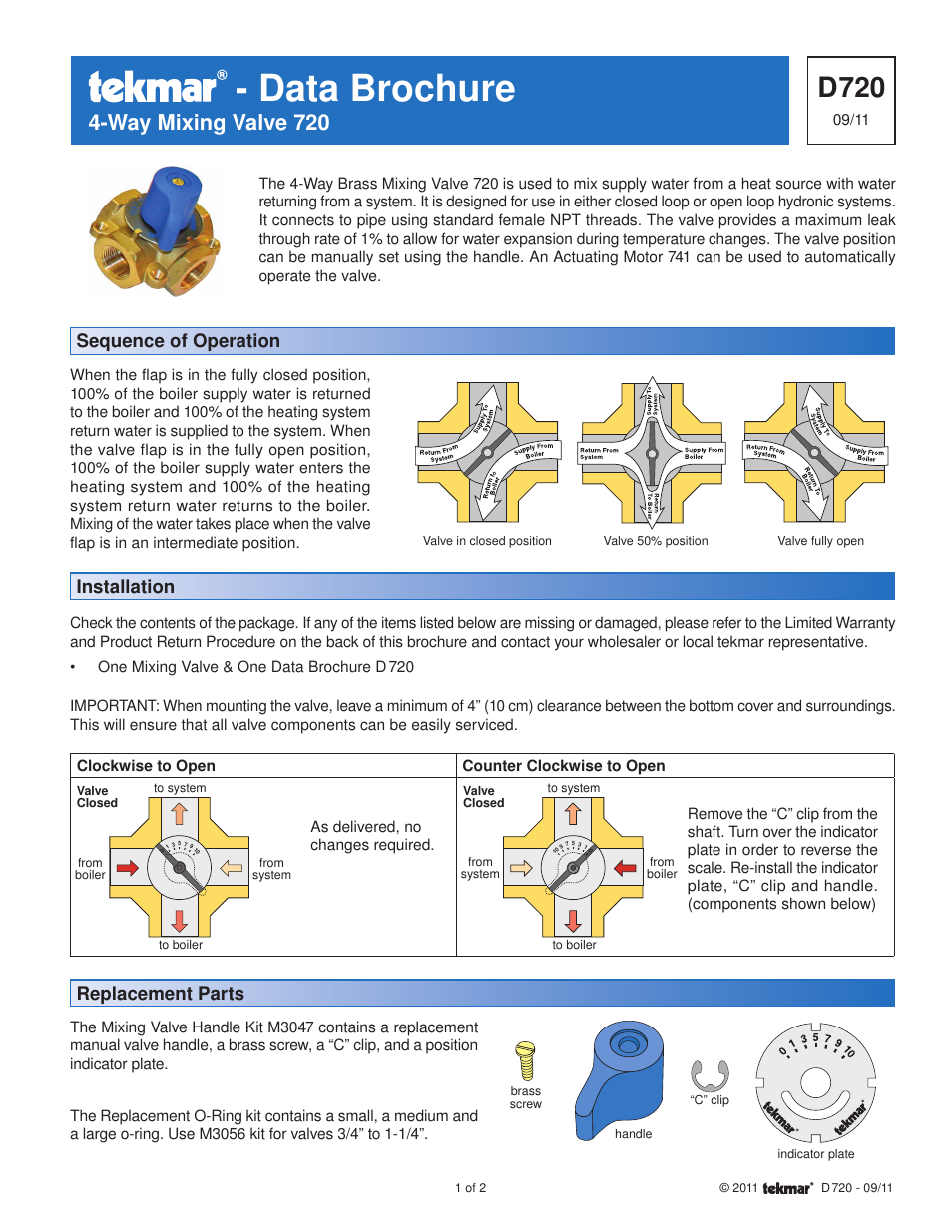 tekmar 720 4-Way Mixing Valve User Manual | 2 pages