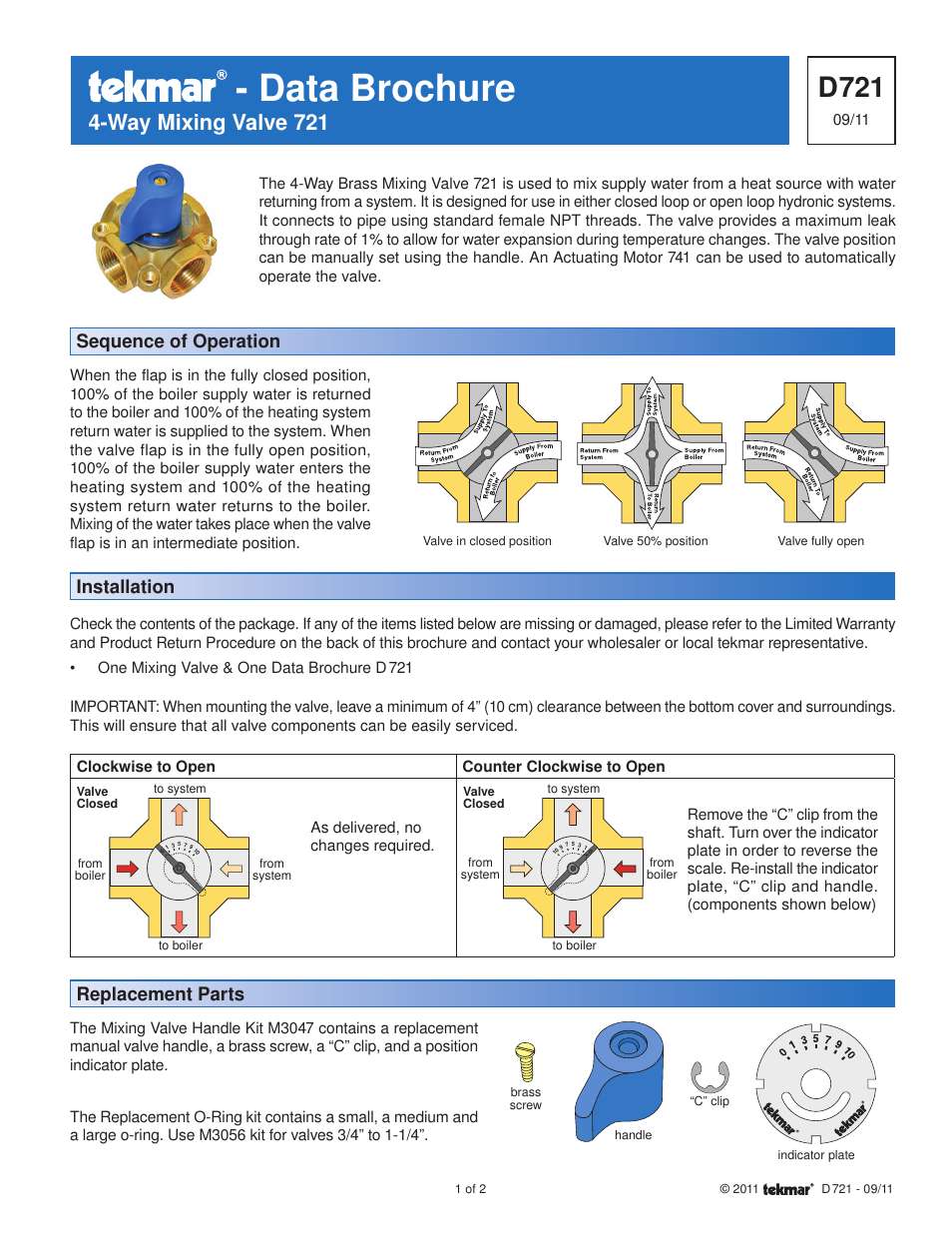 tekmar 721 4-Way Mixing Valve User Manual | 2 pages