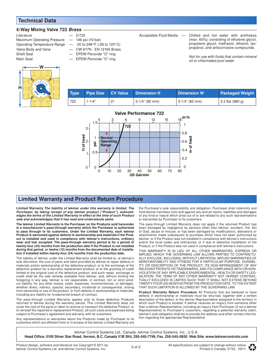 Limited warranty and product return procedure, Technical data | tekmar 722 4-Way Mixing Valve User Manual | Page 2 / 2