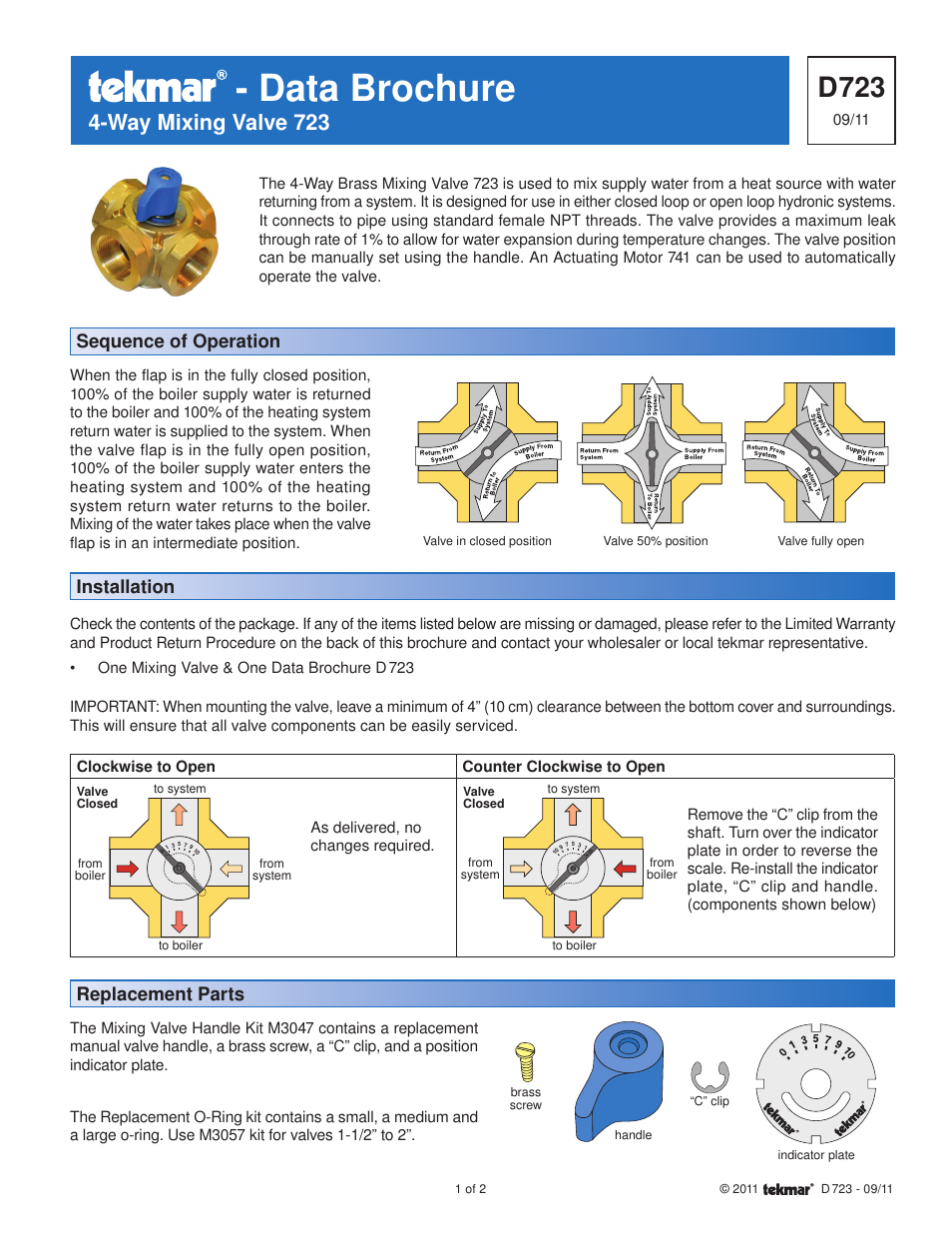 tekmar 723 4-Way Mixing Valve User Manual | 2 pages