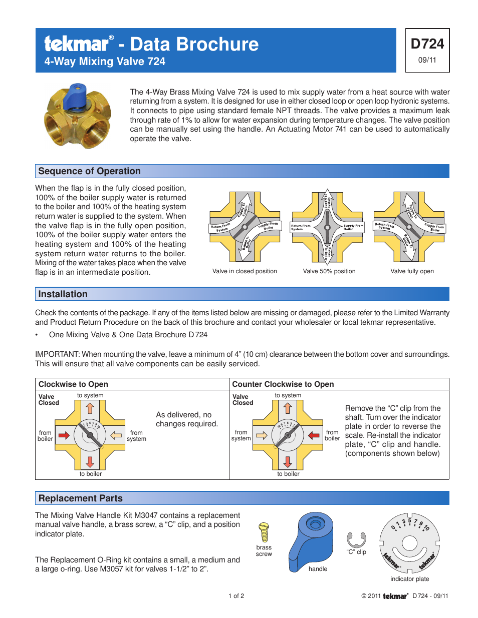 tekmar 724 4-Way Mixing Valve User Manual | 2 pages