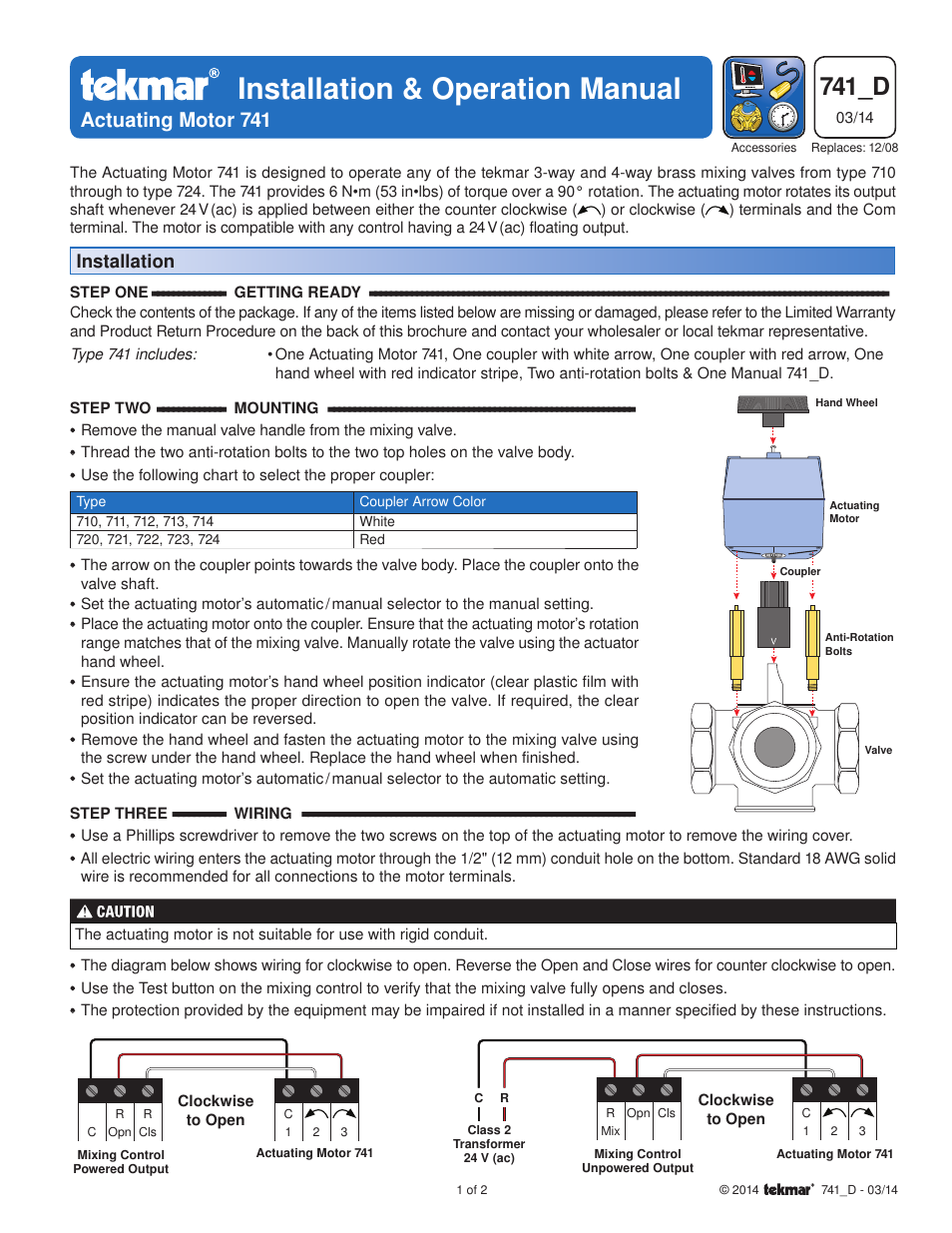 tekmar 741 Actuating Motor User Manual | 2 pages