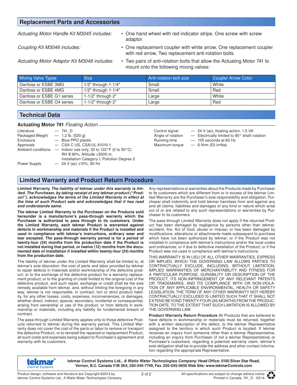 Limited warranty and product return procedure, Technical data replacement parts and accessories | tekmar 741 Actuating Motor User Manual | Page 2 / 2