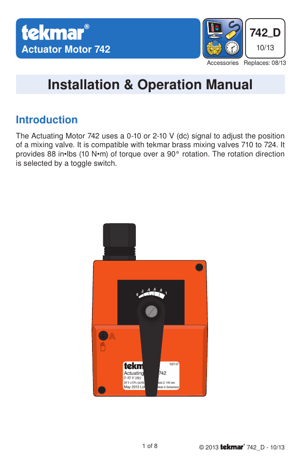 tekmar 742 Actuating Motor User Manual | 8 pages