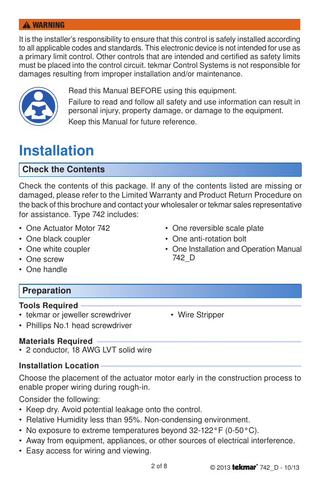 Installation | tekmar 742 Actuating Motor User Manual | Page 2 / 8