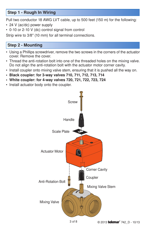 Step 2 - mounting, Step 1 - rough in wiring | tekmar 742 Actuating Motor User Manual | Page 3 / 8