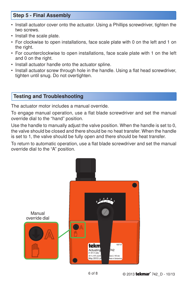 Step 5 - final assembly, Testing and troubleshooting | tekmar 742 Actuating Motor User Manual | Page 6 / 8