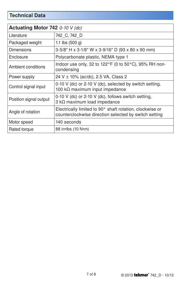 tekmar 742 Actuating Motor User Manual | Page 7 / 8