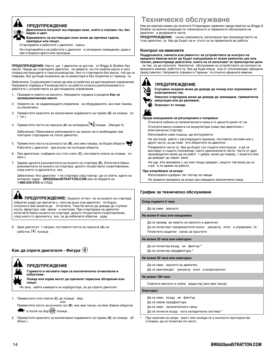 Техническо обслужване | Briggs & Stratton I/C INTEC PRO 83100 User Manual | Page 14 / 84