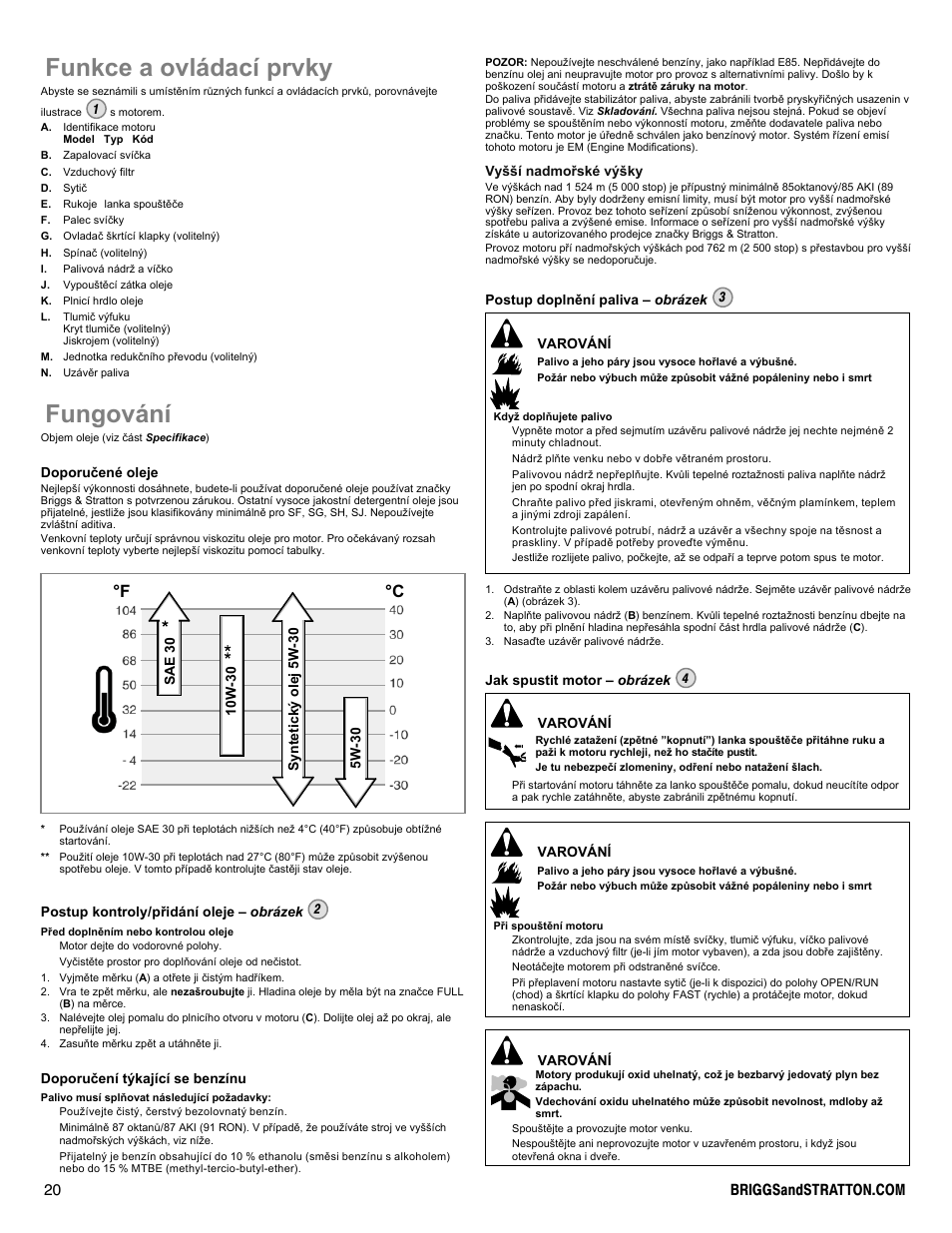 Funkce a ovládací prvky, Fungování, F ° c | Briggs & Stratton I/C INTEC PRO 83100 User Manual | Page 20 / 84